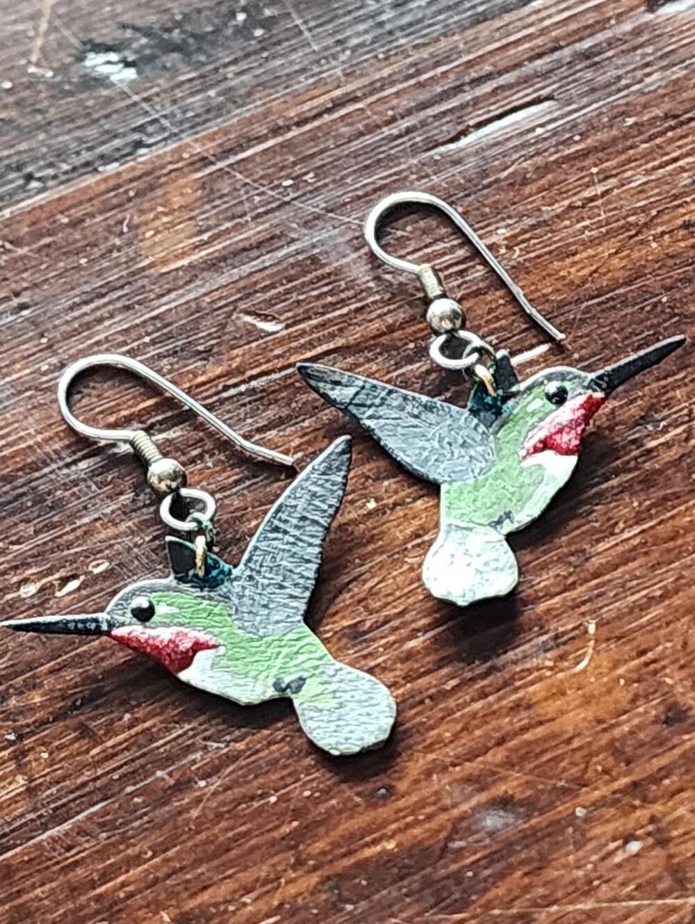 Handmade Painted Green Hummingbird Earrings Jewelry Gift Silver Tone Hooks